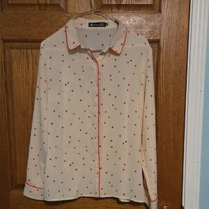 Allegra K Cream Button Down Shirt with Red Hearts